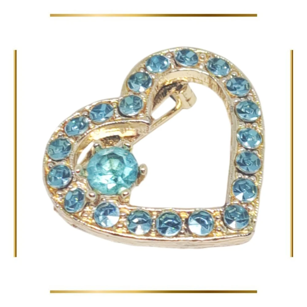 Gold Tone Heart Shaped Brooch with Blue Rhinestones